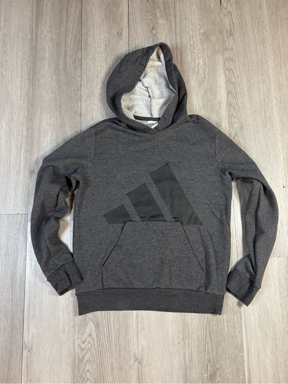 adidas Boys Gray Fleece Pullover Hoodie L Regular Fit Hooded Pockets